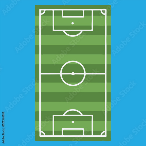 Overhead view of a simplified soccer field, green turf, white lines, goals.