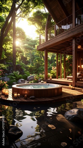 Tranquil outdoor hot tub nestled in a lush forest