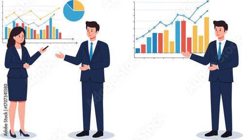 Business professionals presenting charts and graphs, formal attire, data analysis and performance review concept, vector illustration for stock content.
