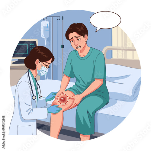 Concerned doctor examining patient's painful knee swelling in hospital, a medical checkup illustration
