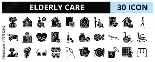 30 Elderly Care Glyph Icons Vector - Home Care, Nordic Walking, Treatment, Medicine, Wheelchair, Pension, Crutches