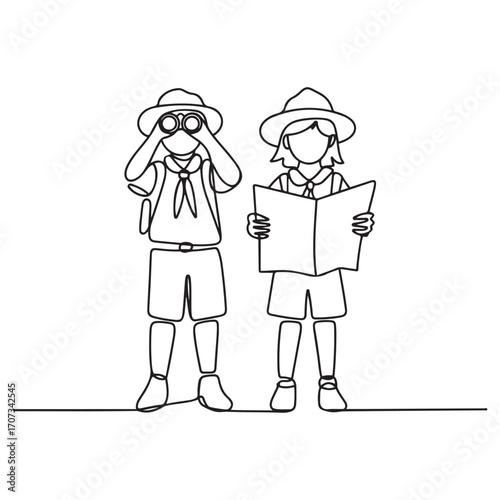 Continuous one line Art drawing scout boy and girl with binoculars and map. Children scout adventure camping concept. with white background