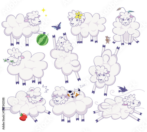 Vector flat illustration of cute funny sheep, that do different things of their life. Can use it as stickers, holiday postcard, child's products