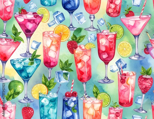 Colorful cocktail pattern.  Watercolor style drinks in various colors, ice, fruit, and herbs