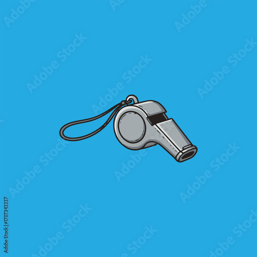 Simple illustration of a silver whistle hanging from a cord.