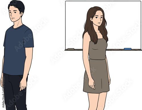 Casual business characters near whiteboard in office setting, workplace thinking, informal presentation, creative discussion, vector illustration isolated on white background