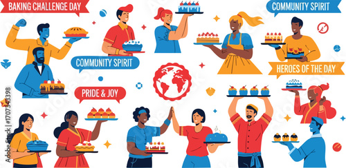 Diverse People Baking Sharing Cakes Community Spirit Global Unity Illustration
