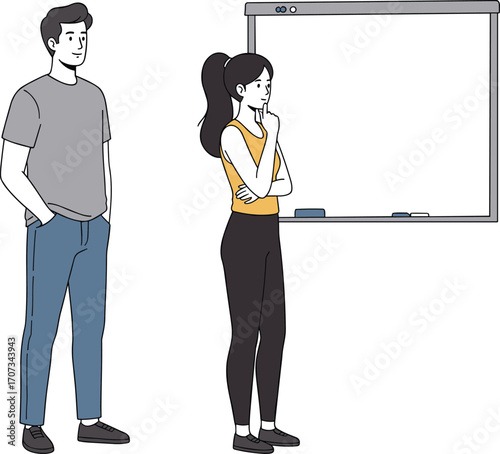 Casual business characters standing near blank whiteboard, workplace thinking, office brainstorming, informal discussion, vector illustration isolated on white background