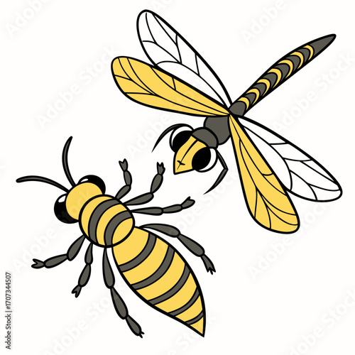 Illustration of a black and yellow striped insect, resembling a bee or wasp, with transparent wings, positioned beneath a dragonfly with yellow and black striped abdomen and transparent wings
