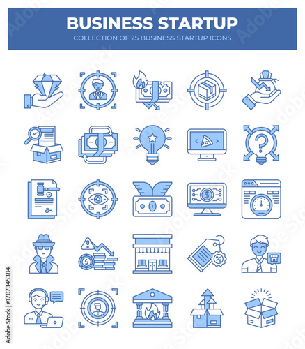 Business Startup Icons. A Collection of 25 Essential Icons for Marketing. Finance. and Growth