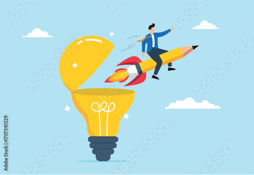 Man rides pencil rocket from open light bulb, illustrating creativity for generating new ideas. Concept of imagination, inspiration, education, and boosting creative thinking to writing content