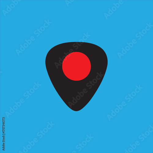 A simple graphic of a black guitar pick with a red center circle.