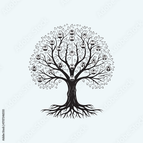 A stylized family tree illustration featuring interconnected branches, leaves, and portraits, representing ancestry.