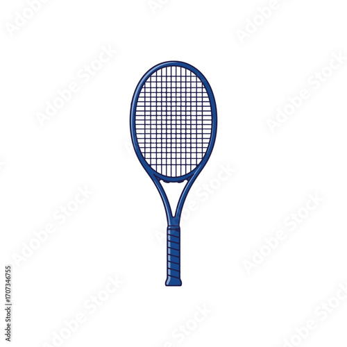 A blue tennis racket with a black string pattern isolated on a white background.