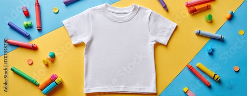 Colorful crayons and a blank white kids' t-shirt on a vibrant yellow and blue background