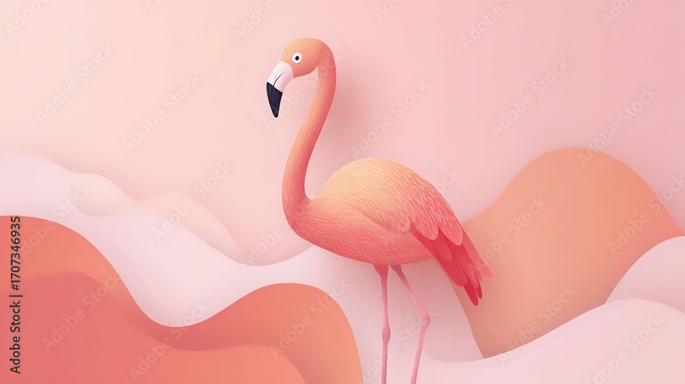 Fototapeta premium Flamingo illustration with soft abstract wave shapes behind it, set on a plain blush pink background with clean lighting