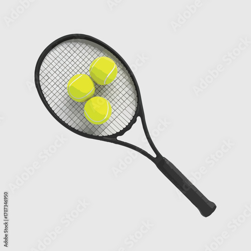 Black tennis racket with three yellow tennis balls positioned on the court.