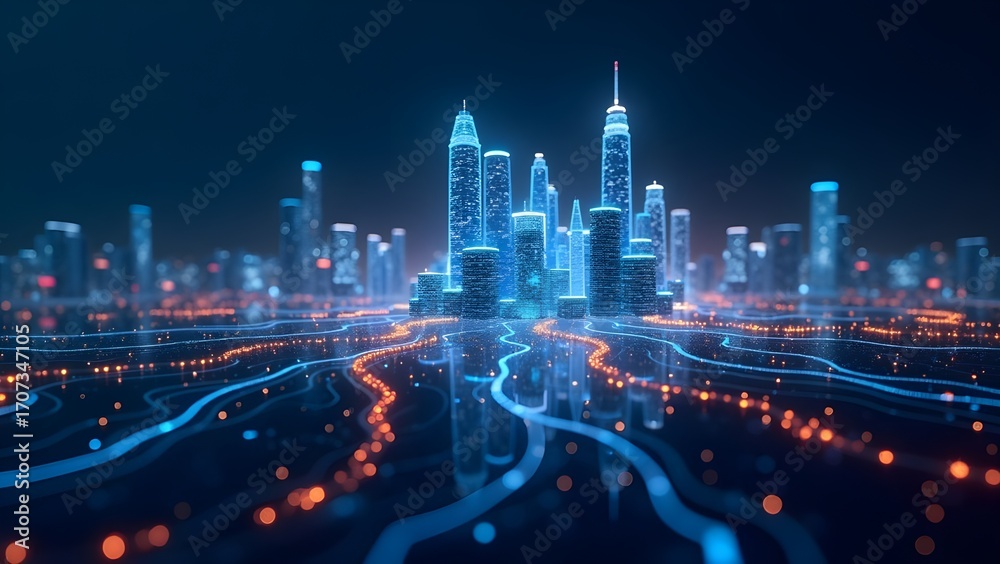 Obraz premium Futuristic Digital Cityscape with Neon Lights Representing AI, Data Flow, and Cyber Network Technology