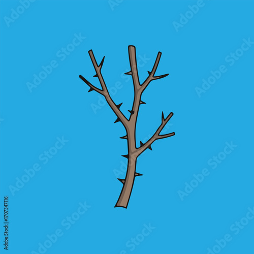 Thorny, bare branch against a bright blue background.  Simple illustration of a winter or dead plant.