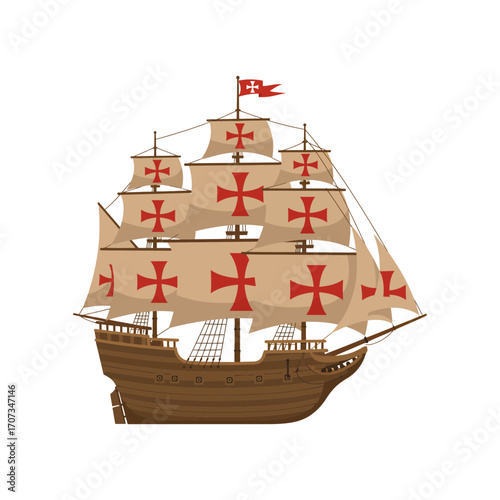Detailed Illustration of a Historic Caravel Ship with Red Cross Sails.