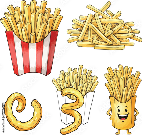 Cartoon French Fries Illustrations Fast Food Potatoes Snacks Menu Design