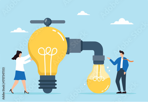 Businesspeople sharing knowledge transfer ideas, passing information to new light bulb. Concept of transferring wisdom to colleagues, creativity, innovation, and continuous learning of new skills