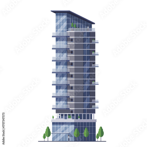Modern Glass Skyscraper with Balconies and Greenery at Base.