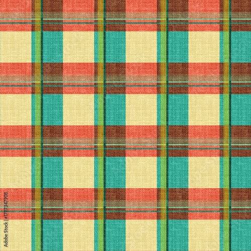 
This is a seamless plaid pattern with a distinct woven texture, resembling a rustic fabric like linen or burlap. The design features a cheerful color palette of turquoise, coral pink, yellow.