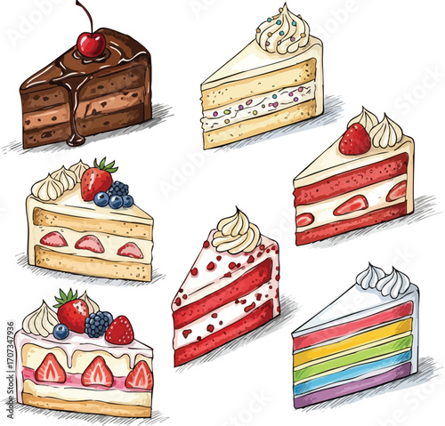 Delicious Cake slices assortment Hand drawn vector illustration