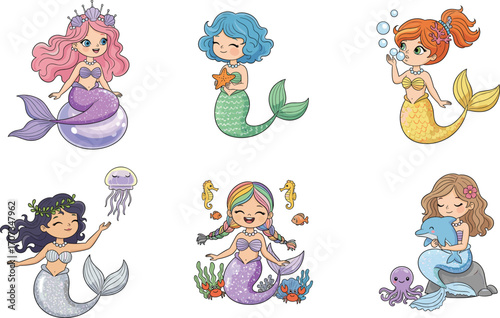 Beautiful cartoon mermaids with colorful tails and sea creatures, whimsical underwater vector illustration for children, fantasy, ocean life and magical design concept
