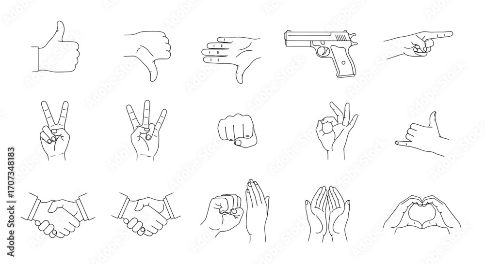 Fototapeta premium Diverse hand gestures and handgun illustration set, expressing communication and various human emotions