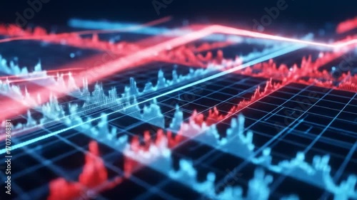 Wallpaper Mural Digital financial data visualization with glowing red and blue lines showing stock market trends and graphs Torontodigital.ca