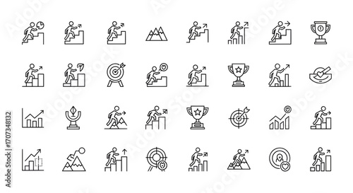 Achieve goals and climb success ladder with business growth icons, leadership and winning concept