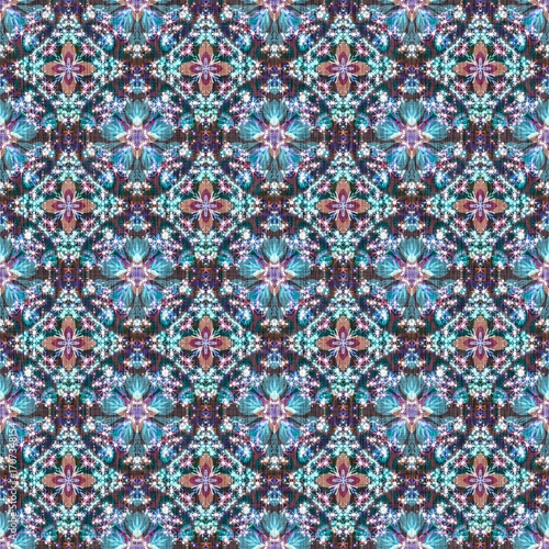 This is an intricate, detailed seamless pattern featuring ornate geometric and floral designs. The mandala-like motifs have a distinct texture and are rendered in a cool color palette of blues, teals.