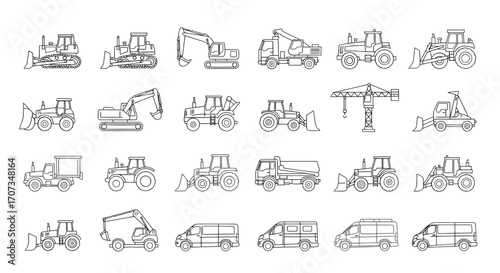 Construction equipment and vans line art for blueprints, industrial designs, and architectural plans