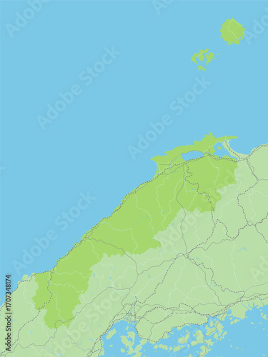日本の島根県と隣接する都道府県を含む、緑色のシンプルなロードマップ