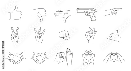 Diverse hand gestures and handgun illustration set, expressing communication and various human emotions