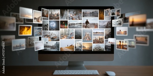A computer monitor displays many images with some seemingly popping out and floating