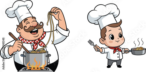 Cartoon chefs cooking and serving pasta with happy expressions, steaming spaghetti, kitchen scene, culinary art, perfect for restaurant and food illustrations
