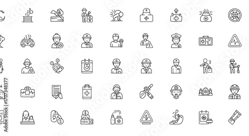Essential worker icons showing labor and service personnel in a professional line drawing style