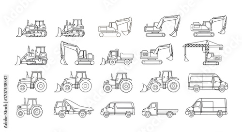 Construction vehicles and tractors line art for industrial designs and scalable engineering blueprints