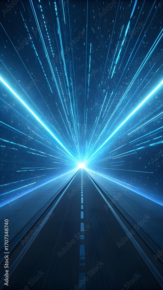 Obraz premium Futuristic Highway Road Leading Into Bright Light Speed Tunnel With Digital Energy Beams