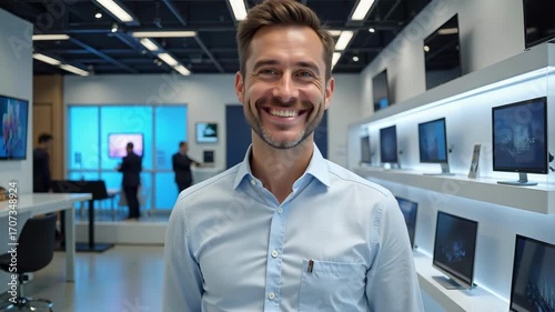 Wallpaper Mural Professional Consultant Smiling and Giving Thumbs Up in Modern Electronics Store, Confident, Friendly, Helpful, 4k Video Footage, Modern, Success Torontodigital.ca