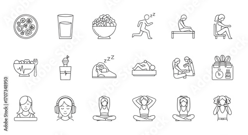 Healthy lifestyle icons showing nutrition, exercise, rest, and mental wellness for modern living