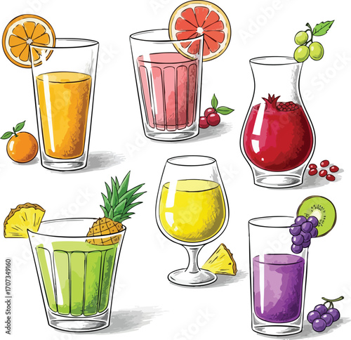 Assortment of Colorful Fruit Juices and Smoothies in Glasses Healthy Drinks and Refreshing Beverages Vector Illustration