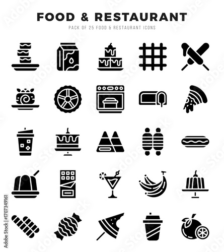 Food and Restaurant icons Pack. Glyph icons set. Food and Restaurant collection set.