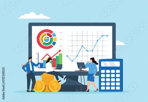 Business people work with financial dashboard and calculator, illustrating data analysis. Concept of financial management, accounting, monitoring corporate revenue, investment profits, taxes, budgets