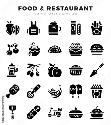Food and Restaurant Icons bundle. Glyph style Icons. Vector illustration.