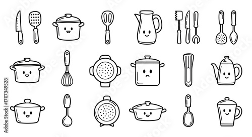 Hand drawn kitchenware with happy faces, perfect for recipe blogs and cooking guides, doodle style
