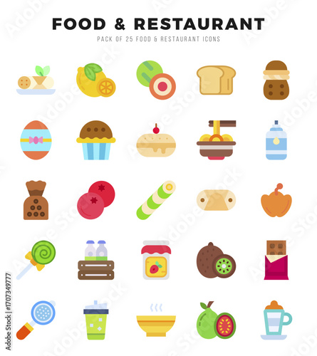 Vector Food and Restaurant types icon set in Flat style. vector illustration.